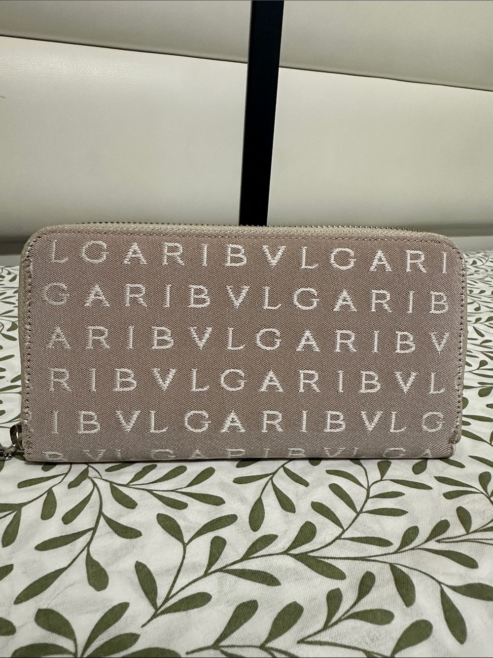 Bvlgari Taupe Beige Logo Canvas Zip-Around Wallet